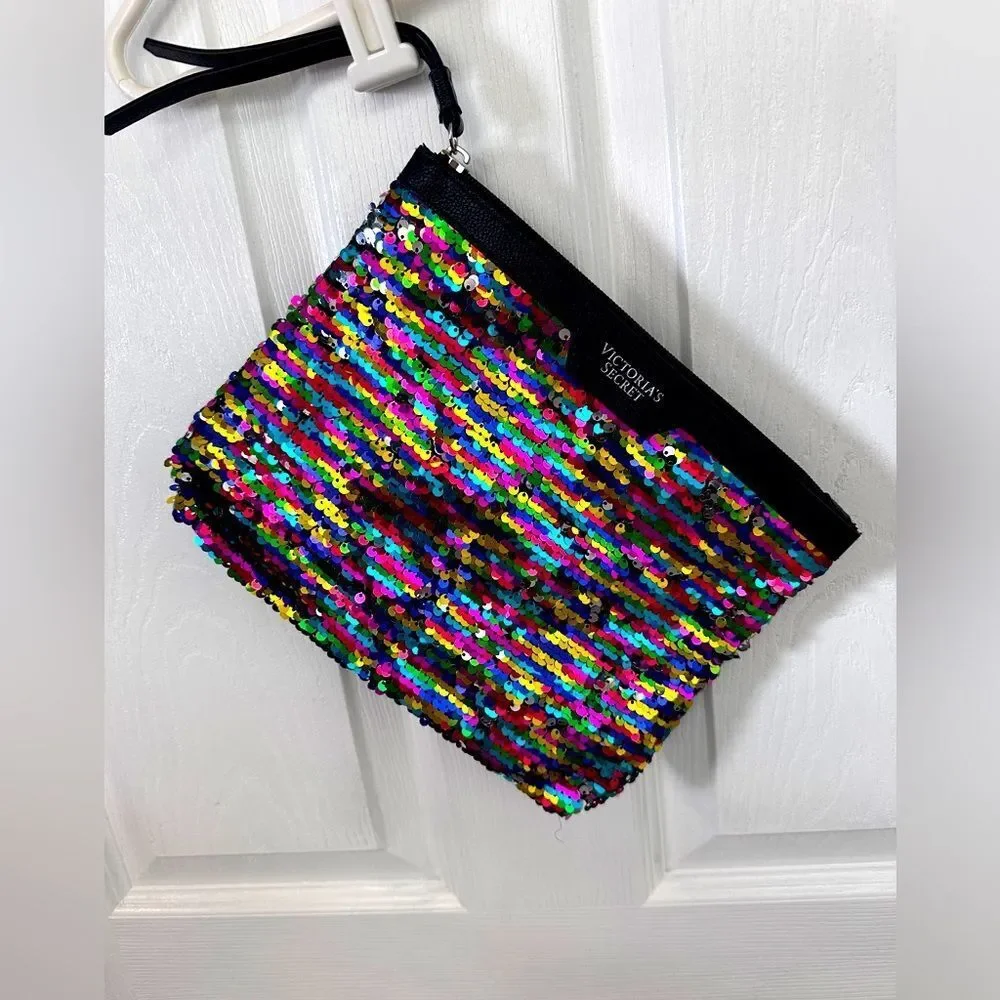 Victoria's Secret Clutch Cosmetic Bag Makeup Pouch Sequin Multicolor Black